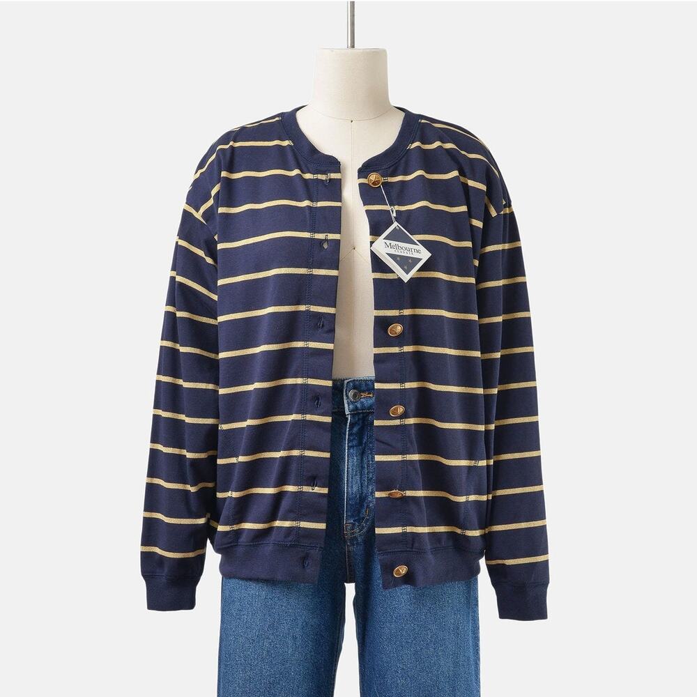 Vintage 90s Navy Gold Nautical Striped Sweater Cardigan size M